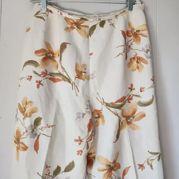 Annie Alexander Floral Wide Leg Hise Rise Linen Pants 14 Cream Orange Trousers - Picture 2 of 9